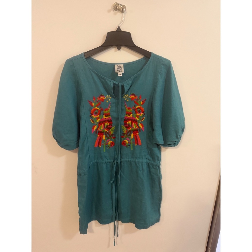 Ivy Jane Teal Linen Embroidered Bird Floral Tunic Top Short Puff Sleeve Medium